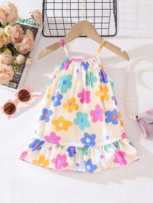 SHEIN Playful Pals 女婴休闲可爱碎花连衣裙，经典百搭夏季吊带裙，适合户外玩耍 - 彩色 - 查看 2