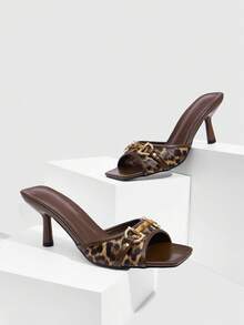 CUCCOO SZL Giày cao gót hở mũi họa tiết da báo trang trí kim loại thời trang mặc hàng ngày cho nữ - màu nâu - Xem 2