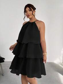 Firerie Plus Size Elegant Layered Cake Dress, Lightweight & Slimming, Suitable For Dates, Gatherings, Parties, Sleeveless For Women, Spring/Summer, Summer Dresses - Black - View 5