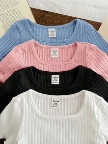 SHEIN LMoss Kids 4pcs Set Casual Solid Color Knit Ruffle Hem Short Sleeve Top - Multicolor - View 5