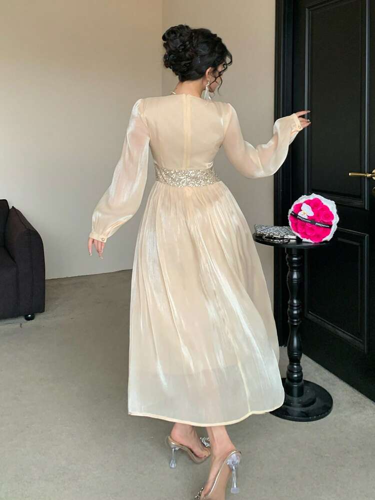 Women's Elegant V-Neck Sequin Patchwork Long Dress, Spring/Summer Carnival Maxi Dress Sundress