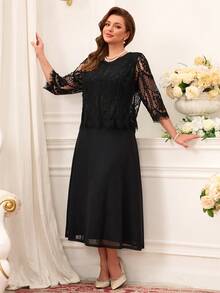 Miaspire Plus Size Elegant Party Lace Patchwork Dress - Black - View 5