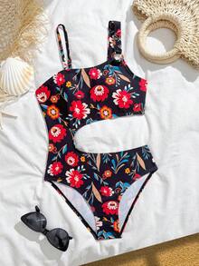 SHEIN 1pc Girls' One-Piece Swimsuit, European & American Style Printed Pattern, Summer Swimming Costume - Multicolor - View 3