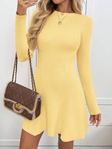 SHEIN LUNE Lässiges tailliertes A-Linien Aprikosen Pulloverkleid für Damen - Gelb - Übersicht 6