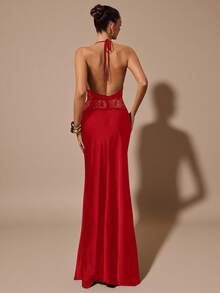 SHEIN BAE 黑色性感深V领蕾丝镂空拼接鱼尾缎面连衣裙，适合鸡尾酒会、浪漫约会、聚会、正式活动、伴娘礼服、晚礼服、圣诞节、新年、情人节、下午茶会、黑色连衣裙、小黑裙 - 紅色 - 查看 2