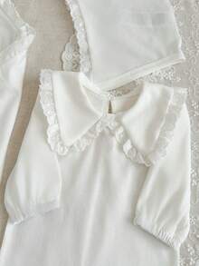 4-Piece Newborn Outfit Set: Cute Peter Pan Collar White Lace Romper, Hat, Swaddle Wrap, And Gloves Baby Girl Clothes Lace Trim Fall Winter - White - View 4