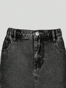SHEIN 少女Y2K风格牛仔短裙，时尚水洗牛仔蓝，百搭舒适不对称设计，弹性腰带，少女牛仔短裙 - 黑色 - 查看 7
