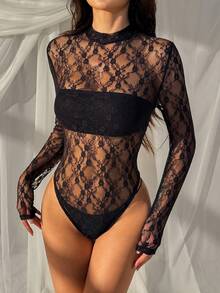 SHEIN EZwear Fashionable Sexy Sheer Black Lace Bodysuit - Black - View 6
