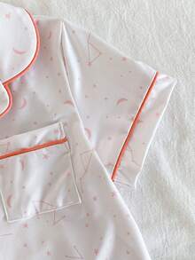 2pcs/Set Young Girl' Cute Star & Crescent Moon Pattern Short Sleeve Pajama Set Short Sleeve Pajamas - White - View 5