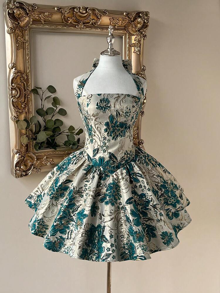 Lovelzi Robe élégante, romantique et à bretelles fines en tissu jacquard vert, coupe évasée. Convient pour les soirées élégantes, les tenues d'invitée de mariage, les fêtes entre célibataires, les bals de promo. - Vert - Voir 2