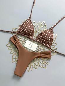 Swim Mod Bộ bikini chấm bi nâu, ngọt ngào và dễ thương, thích hợp cho kỳ nghỉ biển, mùa xuân/hè, bộ sưu tập đồ bơi nữ mới năm 2026. Phù hợp cho đi học, kỳ nghỉ, hẹn hò, trà chiều, phong cách miền Tây, du thuyền, bãi biển, đảo, du lịch đường bộ, mọi mùa, lễ hội âm nhạc, kỳ nghỉ Boho, kỳ nghỉ Bohemian, mùa thu thư giãn, phong cách Boho miền Tây, áo bikini thanh lịch dành cho nữ, bộ bikini hai mảnh dây mảnh cổ yếm màu nâu chấm bi trắng ngẫu nhiên, kiểu dáng ngọt ngào dễ thương, cạp cao, 2 mảnh, bộ bikini màu nâu, bikini xếp ly, bikini tam giác. - màu nâu - Xem 4