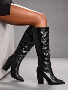 CUCCOO SZL Women's Pointed Toe Buckle Design Fashion Versatile High Heel Knee-High Boots Valentine's Day - Black - View 8
