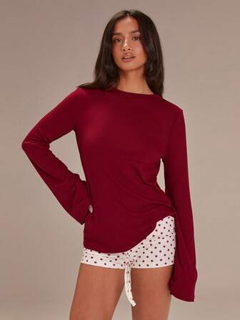 Athîral Röd rund halsad t-shirt med utsvängda ärmar för kvinnor, avslappnad för alla hjärtans dag-outfits