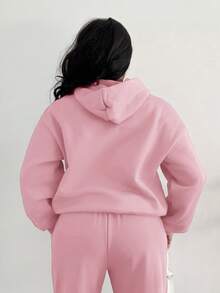 Alexandranx 夏季女装简约休闲纯色粉色套头衫连帽长袖连帽衫无抽绳超大码 - 粉色 - 查看 2