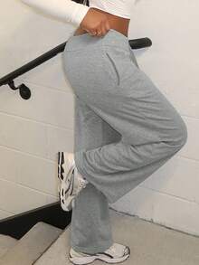 Alexandranx Comfortable And Casual Plain Knitted Low Waist Wide Leg Women's Sports Pants With Fleece For Warmth In Autumn And Winter Winter Sweatpants Wide Leg Sweatpants Fleece Sweatpants Flare Sweatpants Sweatpants For Women - Grey - View 5