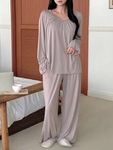 DAZY 女士舒适针织褶皱设计家居服套装 - 灰色 - 查看 3