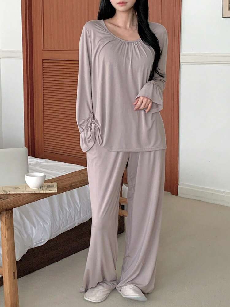 Women's Comfortable Knit Pleated Design Loungewear Set