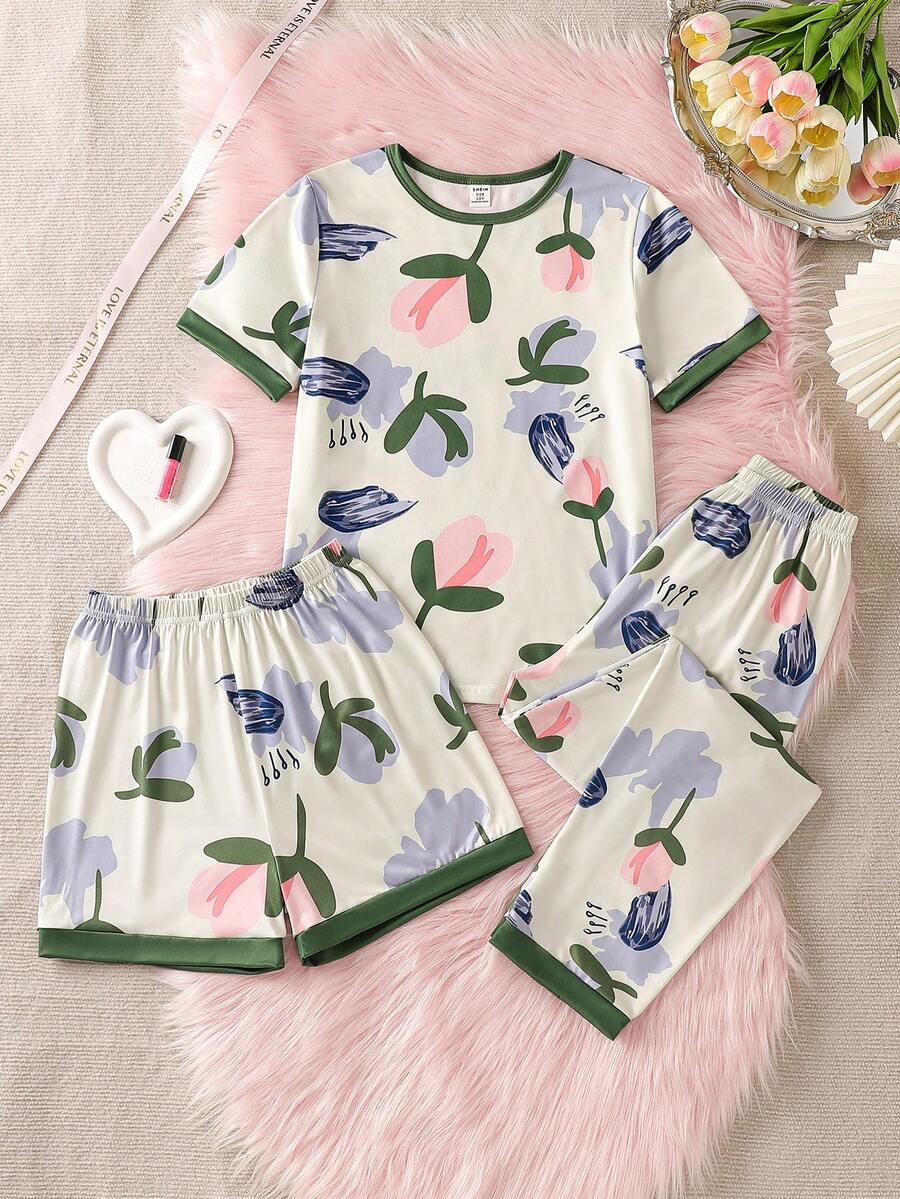 Set de 3 piezas de pantalones cortos, pantalones y pijama de manga corta con estampado floral para niñas - Multicolor - Ver 1