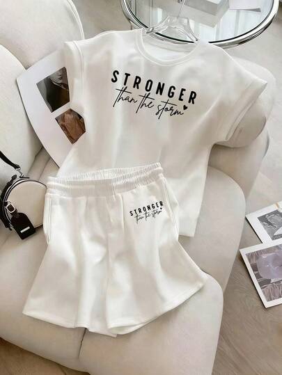 Resyla 2pcs Women Casual Printed Round Neck Short Sleeve Top And Solid Color Shorts Set