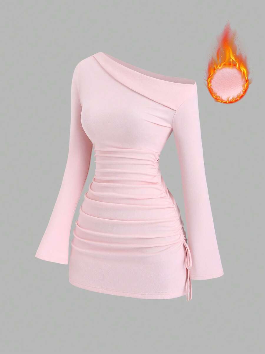 Sweetra Women's Asymmetric Ruffle Shoulder Wrap Dress, Long Sleeve, Suitable For Halloween, Outings, Commuting, Travel, Dates, Black - Pink - View 1