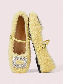 CUCCOO DOLLMOD 女士优雅水钻装饰泰迪绒可调节搭扣平底鞋，秋冬款 - 黃色 - 查看 2
