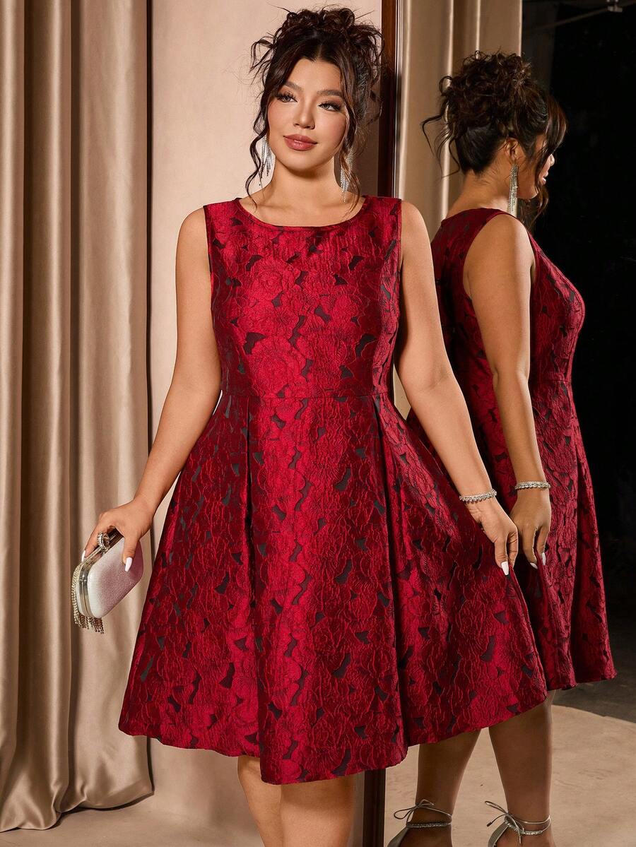 Cravure Đầm Jacquard hoa văn cỡ lớn dành cho nữ, đầm dự tiệc sang trọng, thanh lịch, nghệ thuật, màu đỏ Trung Quốc cho Tết Nguyên Đán, đầm ngày Valentine. - Đỏ - Xem 1