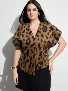Aveloria Modichic Animal Print Woolen Fabric, Button Decor, Retro Chic Design, Fashionable & Versatile Women's Vest Blazer Top For Commuting