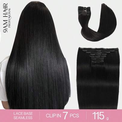 7 PIEZAS con 20 clips, 115G, extensiones de cabello humano con doble trama invisible con clip, cabello humano real #1# negro azabache, extensiones de cabello humano con clip, extensiones de cabello humano real con doble trama, clips de cabello humano de 14-22 pulgadas para mujeres y niñas para uso diario, disfraces de invierno, Navidad, Halloween, atuendos de otoño para mujeres