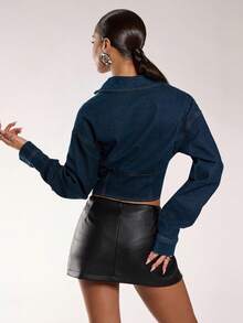Normani Áo khoác denim thời trang đa năng tay dài cổ bẻ có khóa kéo cho nữ - Rửa tối - Xem 2