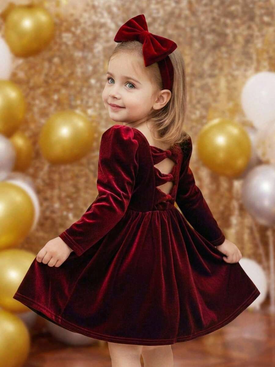 SHEIN 女婴优雅丝绒酒红色长袖连衣裙 - 酒紅色 - 查看 1
