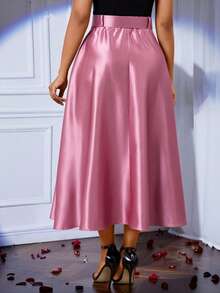 SHEIN Lady Falda plisada de línea A de unicolor elegante para mujer, adecuada para ir al trabajo - Rosa Pálido - Ver 2