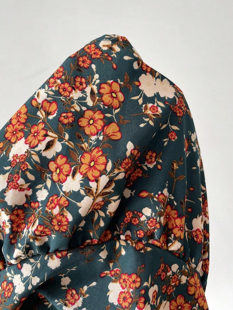 Plus Size Women V-Neck Long Sleeve Casual Dress, Autumn/Flower/Summer/Spring/Vacation