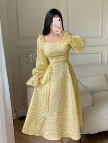 Feyla 女士纯色方领荷叶边长袖连衣裙长款晚礼服 - 黃色 - 查看 5