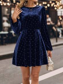 EMERY ROSE فستان قصير كاجوال أنيق للنساء بطبعة نقاط البولكا - أزرق بحري - مشاهدة 7