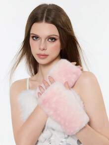 ROMWE Fairycore 1 双 Y2K 复古毛绒小鹿印花动物图案露指手套，时尚简约野性风格女式手套，适合日常佩戴、派对、聚会、秋冬季、万圣节、圣诞节等场合。 - 粉色 - 查看 3