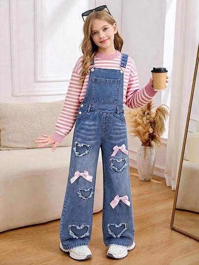 Tween Girls' Denim Bib Pants And Jumpsuit, Sweet Casual Outfit For Summer! Made Of Comfortable Denim Fabric + Classic Blue Wash + Front Pockets + Waist Buttons For Easy On/Off + Loose Relaxed Fit