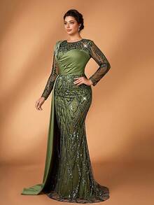 Serin 大码优雅浪漫绿色圆领上衣，饰以奢华串珠网纱鱼尾下摆，适合婚礼、派对、庆典、新娘母亲礼服等场合。 - 綠色 - 查看 7