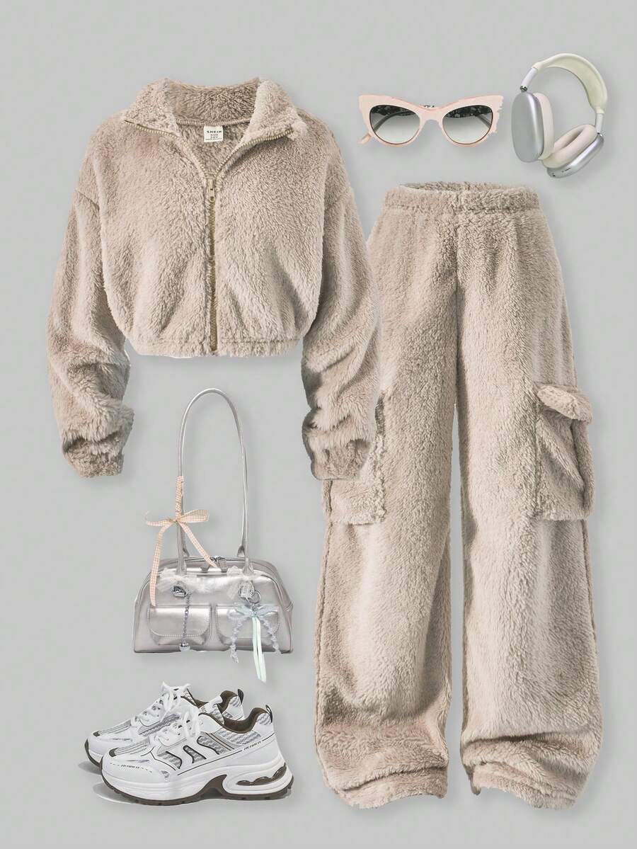SHEIN ChillGRL 2pcs/Set Tween Girls Soft Fleece Turtleneck Jacket & Cargo Pants,Khaki,Winter,Casual,Family Matching Loose Street Style Autumn Outfits - Apricot - View 1