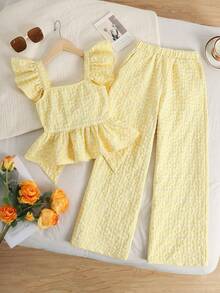 SHEIN 2pcs  رمضان Tween Girls' Casual Patchwork Contrast Color Ruffle Hem Shirt And Pants Set - Yellow - View 3