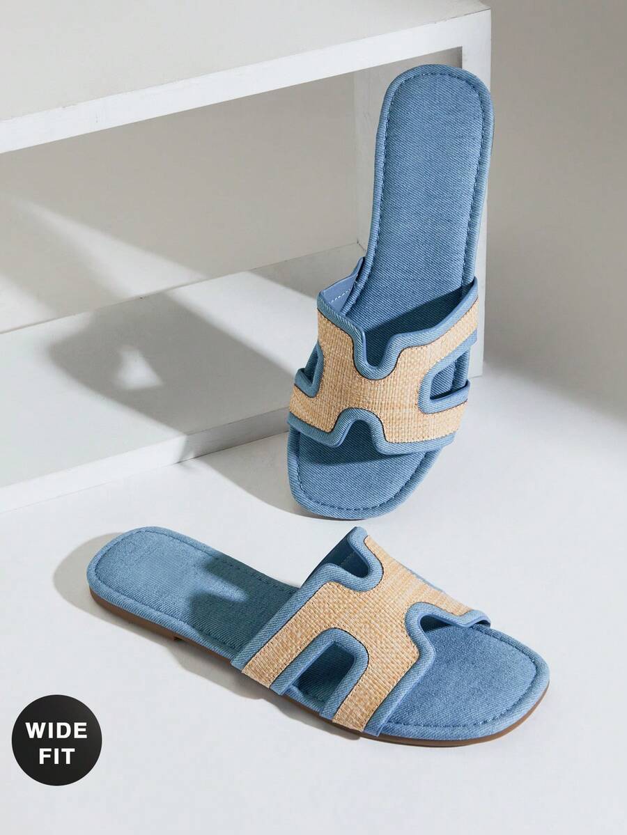 SHUZIA Women's Wide-Fit Fashion Comfortable Cut-Out Raffia Flat Sandals