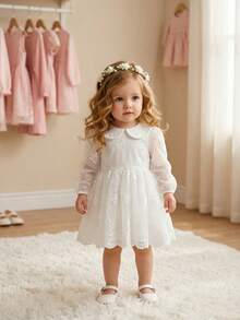 SHEIN Đầm công chúa tay dài cổ bèo thêu lưới dễ thương cho bé gái, thoải mái và mềm mại, thích hợp cho các dịp mùa xuân/thu như đi học, tiệc tùng, sinh nhật, họp mặt gia đình, có thể làm quà tặng - trắng - Xem 11