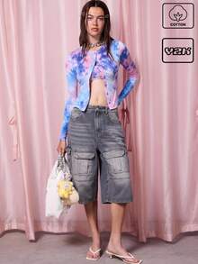 COUREZ 多口袋 Carho 牛仔短裤 / Y2K 夏季女装下装 低腰牛仔裤 棉质复古 - 深灰色 - 查看 1