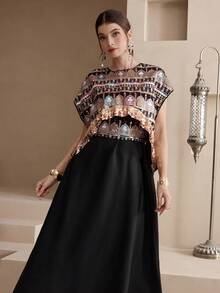 Al Najma Vestido maxi con bordado de lentejuelas y abaya tradicional árabe para mujer - Negro - Ver 4
