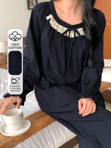 DAZY 甜美波点纹理面料撞色荷叶边泡泡袖女士睡衣套装 - 藏蓝色 - 查看 3