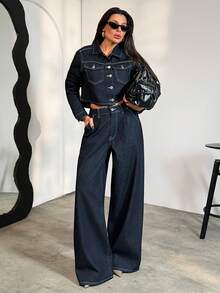 SHEIN Fashionable Commuter Washed Cropped Top And Wide Leg Jeans Set 2 Piece Set For Women - Dark Wash - View 3
