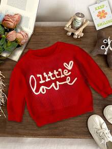 女童休闲简约字母图案宽松圆领长袖毛衣 - 紅色 - 查看 2