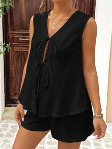 SHEIN Conjunto casual para gestantes com cardigã de cor sólida com decote em V e amarração frontal e shorts. - Preto - Ver 3