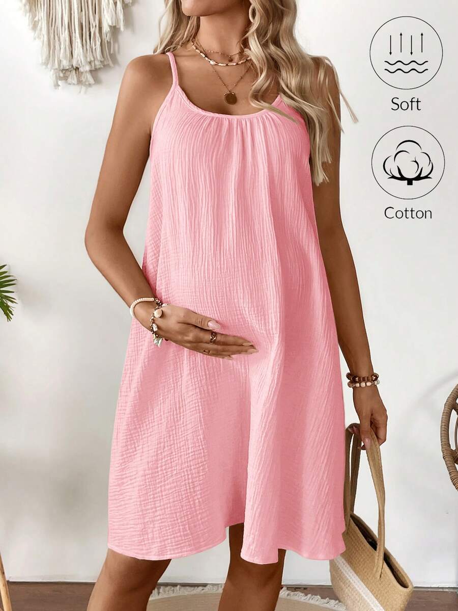 SHEIN Maternity Solid Color Spaghetti Strap Sleeveless Textured Fabric Casual Summer Dress - Pink - View 1
