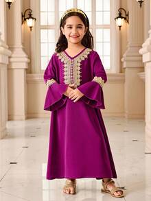 Girls' Traditional Arabic Clothing, Abaya, Purple Base With Gold Lace Embroidery, V-Neck + Flare Sleeves, Elegant And Youthful Design, Suitable For Ramadan Family Gatherings - Purple - View 5