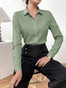 Modelyn Camisa casual de manga larga y hombros descubiertos, versátil para uso diario - Verde - Ver 3